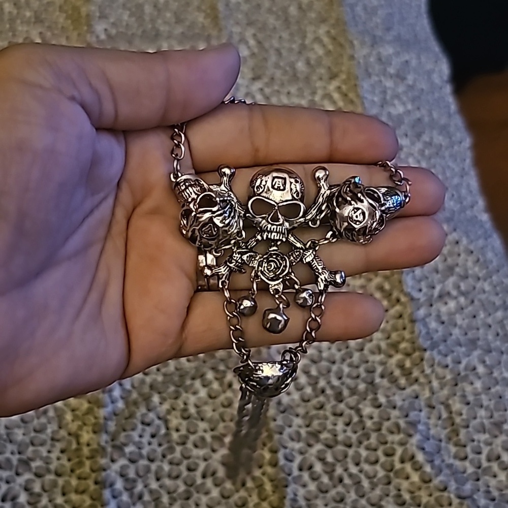 Silvertone And Black  Skeleton and Rose Bracelet